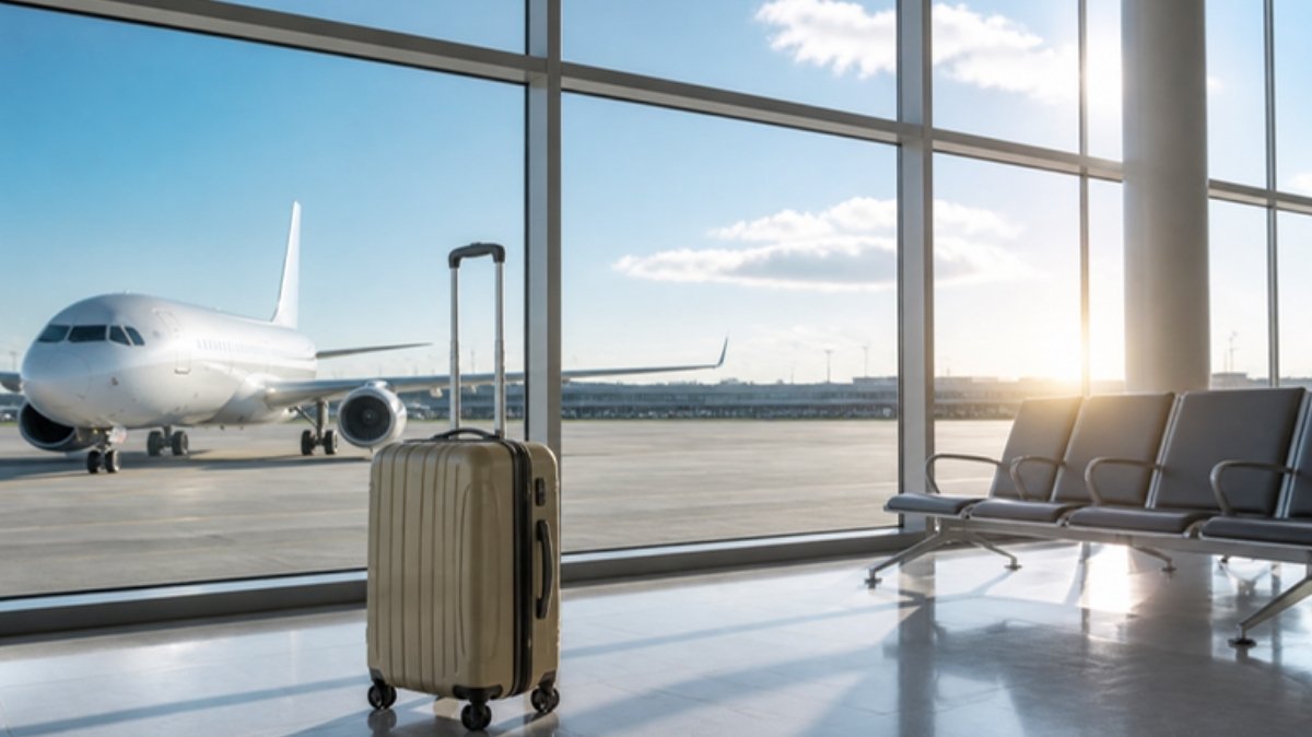 맑은 아침 공항 출발 게이트 창밖에 비행기가 서 있고 여행가방 하나가 놓여 있는 모습 – 일본행 준비 이미지